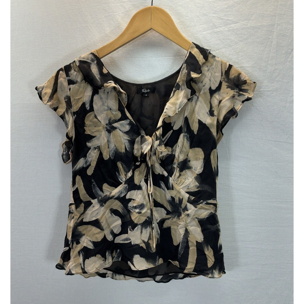 Rails Jasmine Floral Ruffle Neck Blouse Black Pink Sz S Tie Front Casual Breezy